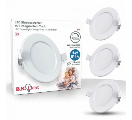 B.K.Licht 3 x B.K.Licht LED zapuštěné panelové světlo bílé kulaté Ø11,5cm IP44 3 x 6W 1350lm teplá bílá 3000K extra ploché STÍMOVATELNÉ
