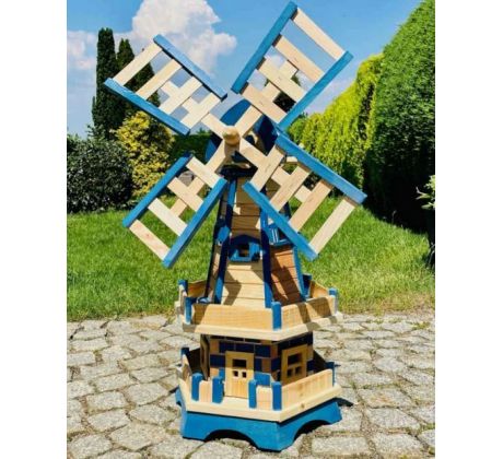 DARLUX šestihranný dvoupatrový zahradní větrný mlýn ze dřeva přírodní/modrá výška 93 cm